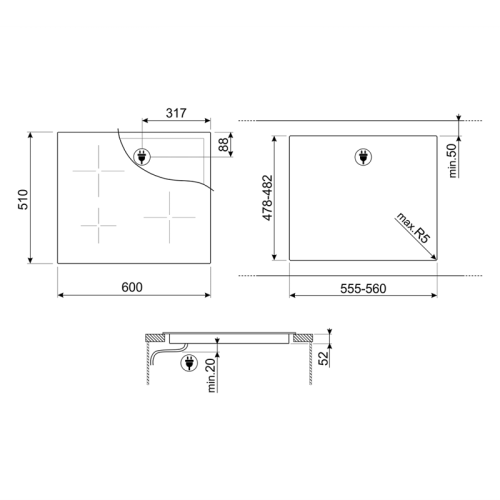 Встраиваемые индукционные панели SMEG/ Индукционная,  Индукционная варочная панель, 60 см, 4 конфорки, прямой край, черная