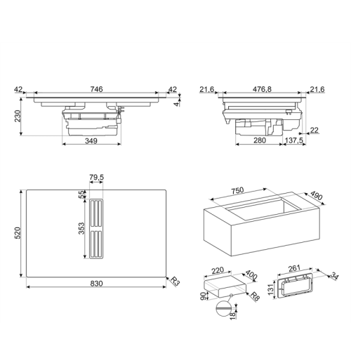 Варочная поверхность со встроенной вытяжкой Smeg/ Варочная поверхность со встроенной вытяжкой Smeg, 80 см, прямой край, 4 зоны приготовления, 2 multizone, 9 уровней мощности, пауза, акустический сигнал окончания приготовления, индикация оставшегося времен