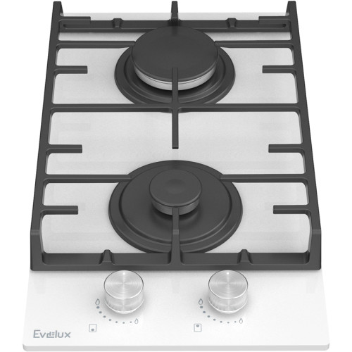Варочная панель газовая, 30 см, 2 конфорки: экономичная конфорка (0,9 кВт), экспресс-конфорка (2,9 кВт), газ-контроль, электроподжиг, белое высокопрочное закаленное стекло, чугунные решетки, поворотные переключатели, комплект форсунок-переходников на бало