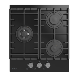Варочная панель газовая, 45 см, 3 конфорки: экономичная конфорка (0,9 кВт), стандартная конфорка (1,7 кВт),  ВОК конфорка (2,5 кВт), газ-контроль, электроподжиг, черное высокопрочное закаленное стекло, чугунные решетки, поворотные переключатели, комплект 