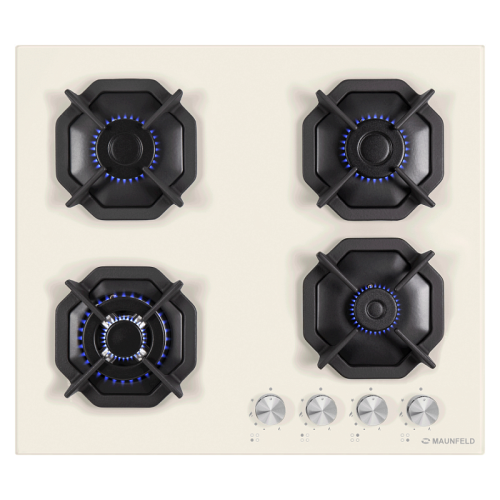Встраиваемые газовые панели MAUNFELD/ газ, газ на стекле, ширина 60 см, 4 конфорки, чугунные решетки, газ-контроль , электроподжиг, бежевый
