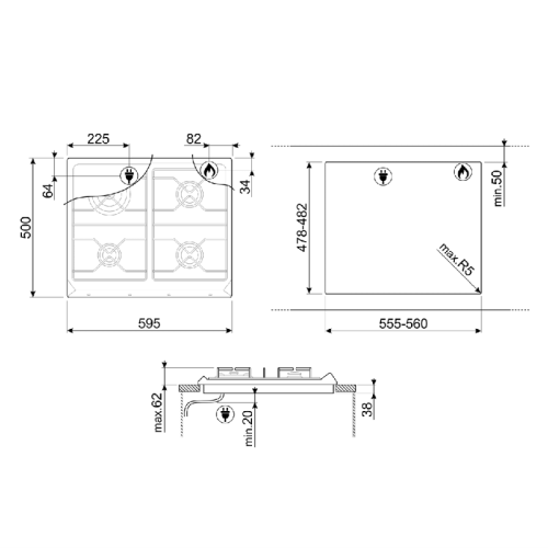 Встраиваемая газовая панель SMEG/ Газ,  Coloniale,газовая варочная панель, 60 см, антрацит/ фурнитура латунь