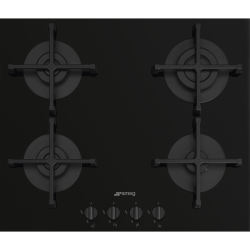 Варочная поверхность Smeg/ Варочная поверхность Smeg, газ, 60 см, Selezione, поворотные переключатели, чугунные решетки, 4 конфорки, газ-контроль, автоматический электроподжиг, материал поверхности стекло, цвет черный