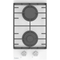 Варочная панель газовая, 30 см, 2 конфорки: экономичная конфорка (0,9 кВт), экспресс-конфорка (2,9 кВт), газ-контроль, электроподжиг, белое высокопрочное закаленное стекло, чугунные решетки, поворотные переключатели, комплект форсунок-переходников на бало