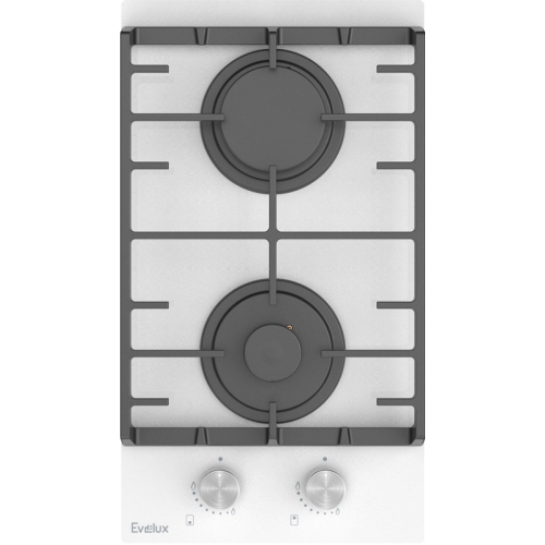 Варочная панель газовая, 30 см, 2 конфорки: экономичная конфорка (0,9 кВт), экспресс-конфорка (2,9 кВт), газ-контроль, электроподжиг, белое высокопрочное закаленное стекло, чугунные решетки, поворотные переключатели, комплект форсунок-переходников на бало