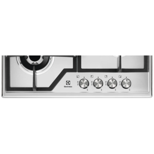 Встраиваемые газовые панели ELECTROLUX/ Газовая варочная поверхность -нержавеющая сталь, мощность: 8550 Вт, WOK-конфорка, автоматический электроподжиг, газ-контроль, решетки: чугун, независимая установка, размеры (ШхГ): 59.5x51 см