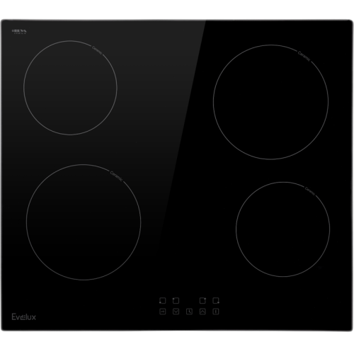 Электрическая варочная панель EVELUX, 4 конфорки, мощность конфорок 1200,1200,1800,1800 Вт, сенсорное управление, индикация остаточного тепла, защитное отключение, таймер, автоматическое отключение, HiLight, 9 уровней мощности, цвет черный