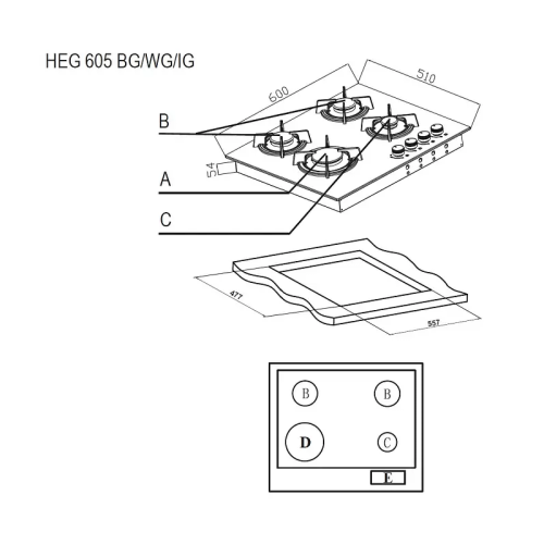 ГАЗ, 60 см, 4 конфорки, черное стекло