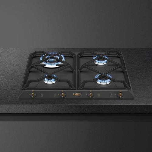 Встраиваемая газовая панель SMEG/ Газ,  Coloniale,газовая варочная панель, 60 см, антрацит/ фурнитура латунь
