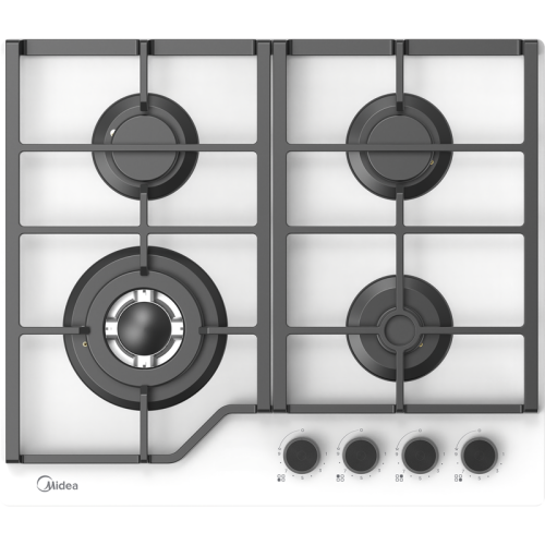 Газовая варочная панель MIDEA/ MDK/Газовая варочная поверхность,закаленное стекло, ширина 60 см, 4 газовые конфорки, 1 конфорка повышенной мощности WOK (4 кВт), фронтальные поворотные регуляторы, электроподжиг, газ-контроль каждой конфорки, новый дизайн ч