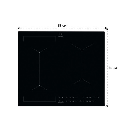 Встраиваемые индукционные панели ELECTROLUX/ индукционная на 4 конфорки, cтеклокерамика, мощность: 7200 Вт, независимая установка, слайдерное управление,размеры (ШхГ): 59x52 см
