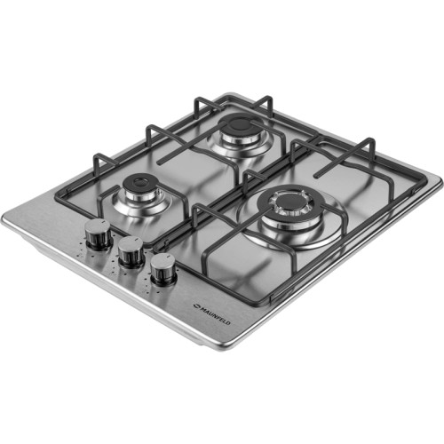 Газовая варочная панель, 45 см, механическое управление, 3 конфорки, мощность конфорок 1000, 1700, 3000, электроподжиг, газ-контроль, WOK, цвет нержавеющая сталь