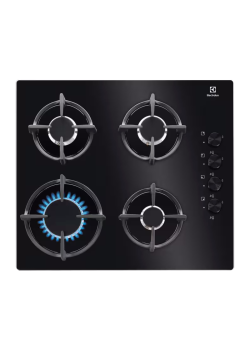 Встраиваемые газовые панели ELECTROLUX/ Газовая варочная поверхность -закаленное стекло, мощность: 7650 Вт, автоматический электроподжиг, газ-контроль, решетки: чугун, независимая установка, размеры (ШхГ): 58x51 см