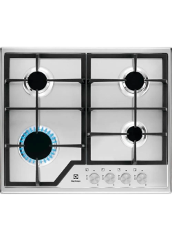 Встраиваемые газовые панели ELECTROLUX/ Газовая варочная поверхность -нержавеющая сталь, мощность: 7800 Вт, автоматический электроподжиг, газ-контроль, решетки: чугун, независимая установка, размеры (ШхГ): 59.5x51 см