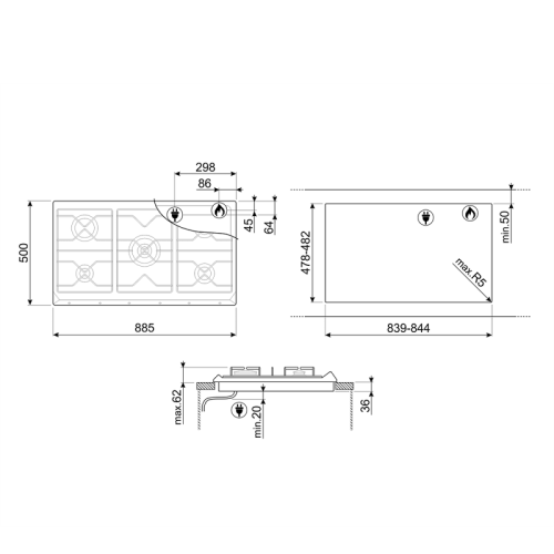Встраиваемая газовая панель SMEG/ Газ,  Coloniale,газовая варочная панель, 90 см, антрацит/ фурнитура латунь
