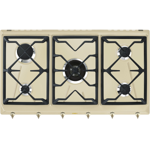 Встраиваемая газовая панель SMEG/ Газ,  Coloniale,газовая варочная панель, 90 см, кремовый/ фурнитура латунь