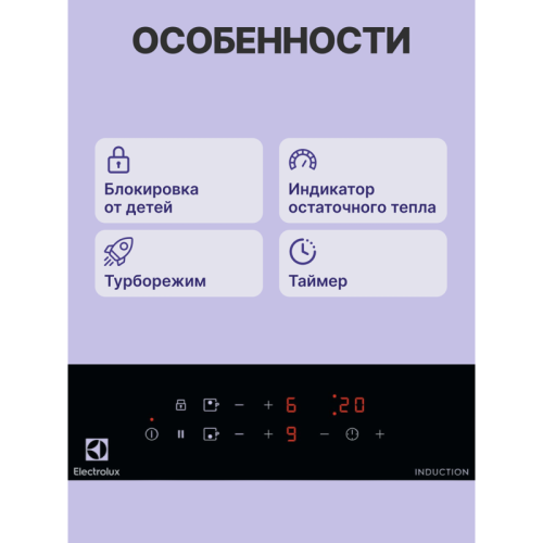 Домино ELECTROLUX/ Индукционная варочная поверхность, цвет: Черный, , индивидуальный таймер для каждой зоны нагрева, без рамки
