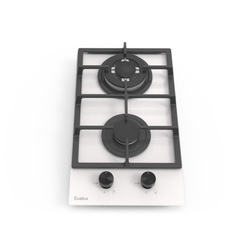 Газовая варочная панель EVELUX, Hi-Tech, 30 см, 2 конфорки, WOK-конфорка, чугунные решетки, газ-контроль, электроподжиг, механическое управление, цвет белый