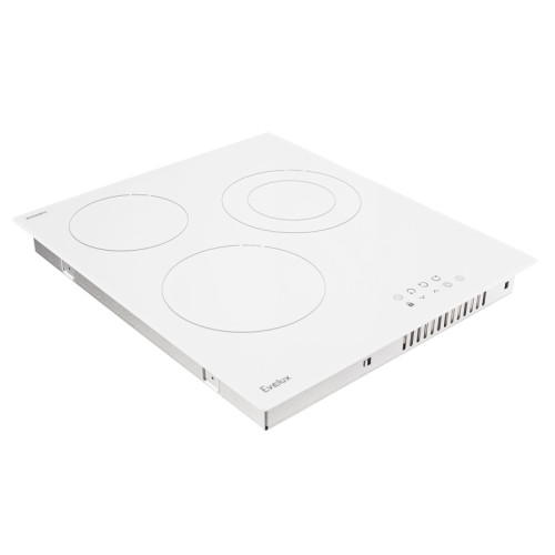 Варочная панель электрическая, стеклокерамика, Hi Light, 45 см, 3 конфорки, сенсорное управление, 9 уровней мощности, таймер 1-99 мин, блокировка управления, защитное отключение,  двухконтурная, 5000 Вт, белое стекло Eurokera (Франция), 450х520х50 мм.