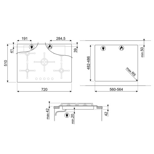 Встраиваемая варочная панель SMEG/ ГАЗ, 75 см, стекло, Linea, 5 конфорок, черный цвет