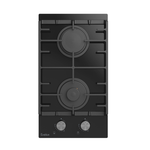 Варочная панель газовая, 30 см, 2 конфорки: экономичная конфорка (0,9 кВт), экспресс-конфорка (2,9 кВт), газ-контроль, электроподжиг, черное высокопрочное закаленное стекло, чугунные решетки, поворотные переключатели, комплект форсунок-переходников на бал