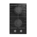 Варочная панель газовая, 30 см, 2 конфорки: экономичная конфорка (0,9 кВт), экспресс-конфорка (2,9 кВт), газ-контроль, электроподжиг, черное высокопрочное закаленное стекло, чугунные решетки, поворотные переключатели, комплект форсунок-переходников на бал
