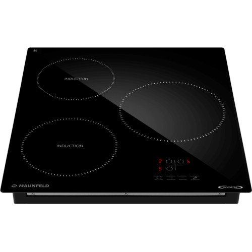 Встраиваемая варочная панель/ Индукционная варочная панель MAUNFELD, 45 см, 3 конфорки, мощность конфорок 1500, 2100, 2600 Вт, сенсорное управление, таймер, автоматическое выключение, бустер, блокировка панели, черный цвет