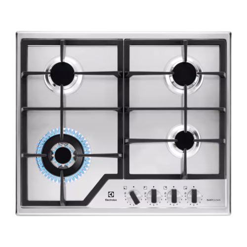Встраиваемые газовые панели ELECTROLUX/ Газовая варочная поверхность -нержавеющая сталь, мощность: 8550 Вт, WOK-конфорка, автоматический электроподжиг, газ-контроль, решетки: чугун, независимая установка, размеры (ШхГ): 59.5x51 см