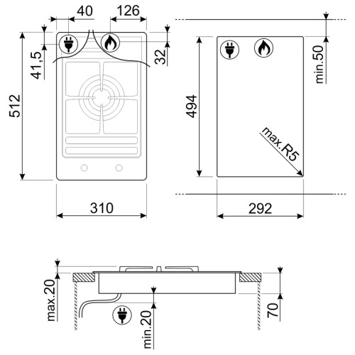 Газовая варочная панель Smeg/ Газовая варочная панель Smeg, 30 см, 1 конфорка, поворотные переключатели, автоматический электроподжиг, цвет нержавеющая сталь