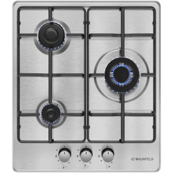 Газовая варочная панель, 45 см, механическое управление, 3 конфорки, мощность конфорок 1000, 1700, 3000, электроподжиг, газ-контроль, WOK, цвет нержавеющая сталь