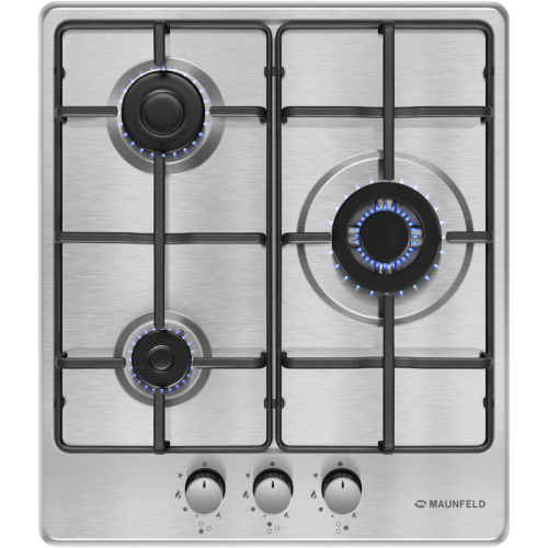 Газовая варочная панель, 45 см, механическое управление, 3 конфорки, мощность конфорок 1000, 1700, 3000, электроподжиг, газ-контроль, WOK, цвет нержавеющая сталь