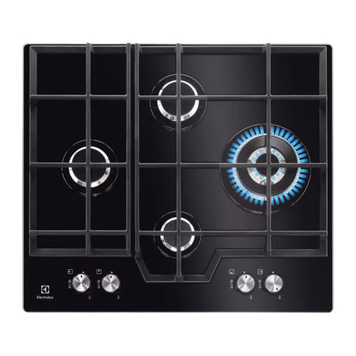 Встраиваемые газовые панели ELECTROLUX/ Газовая варочная поверхность - закаленное стекло, мощность: 8900 Вт, автоматический электроподжиг, Wok-конфорка, газ-контроль, решетки: чугун, независимая установка, размеры (ШхГ): 59x52 см