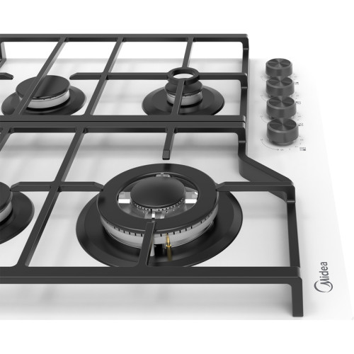 Газовая варочная панель MIDEA/ MDK/Газовая варочная поверхность,закаленное стекло, ширина 60 см, 4 газовые конфорки, 1 конфорка повышенной мощности WOK (4 кВт), фронтальные поворотные регуляторы, электроподжиг, газ-контроль каждой конфорки, новый дизайн ч