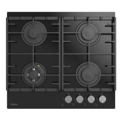 Варочная панель газовая, 60 см,  4 конфорки: экономичная конфорка (0,95 кВт), 2 стандартных конфорки (2х1,7 кВт), ВОК конфорка (2,5 кВт), газ-контроль, электроподжиг, черное высокопрочное