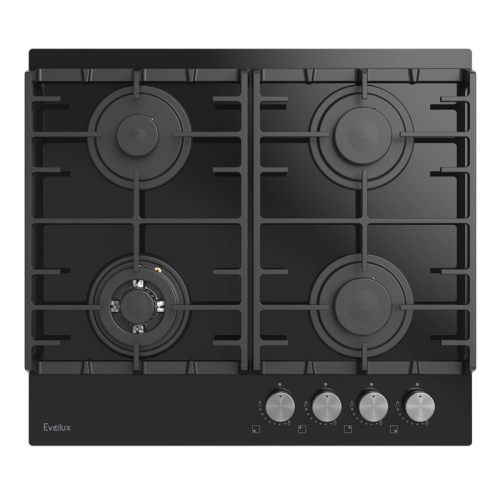 Варочная панель газовая, 60 см,  4 конфорки: экономичная конфорка (0,95 кВт), 2 стандартных конфорки (2х1,7 кВт), ВОК конфорка (2,5 кВт), газ-контроль, электроподжиг, черное высокопрочное
