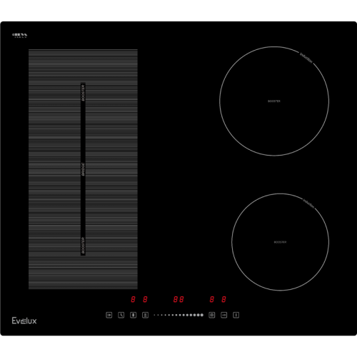 Индукционная варочная панель EVELUX, Hi-Tech, 4 конфорки, бустер, дисплей для каждой зоны нагрева, таймер, защитное отключение, индикация остаточного тепла, поддержание тепла, пауза, 9 уровней мощности, сенсорное управление, цвет черный
