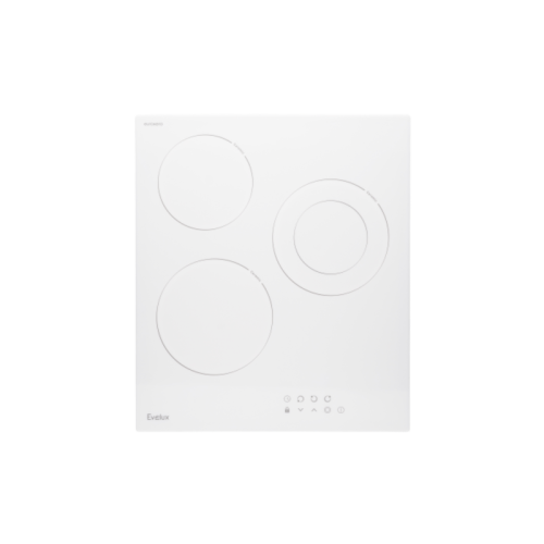 Варочная панель электрическая, стеклокерамика, Hi Light, 45 см, 3 конфорки, сенсорное управление, 9 уровней мощности, таймер 1-99 мин, блокировка управления, защитное отключение,  двухконтурная, 5000 Вт, белое стекло Eurokera (Франция), 450х520х50 мм.