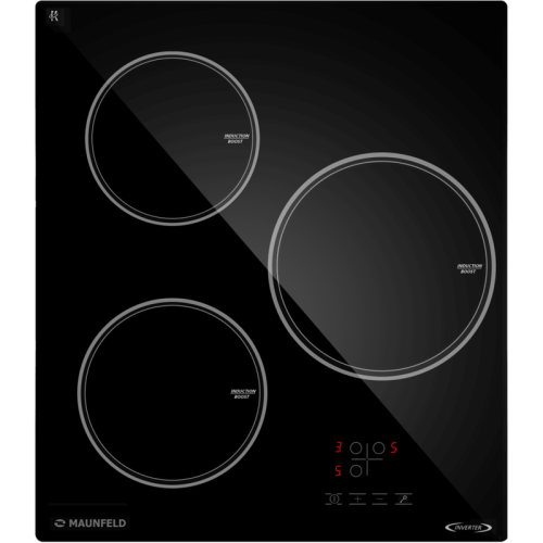 Встраиваемая варочная панель/ Индукционная варочная панель MAUNFELD, 45 см, 3 конфорки, мощность конфорок 1500, 2100, 2600 Вт, сенсорное управление, таймер, автоматическое выключение, бустер, блокировка панели, черный цвет