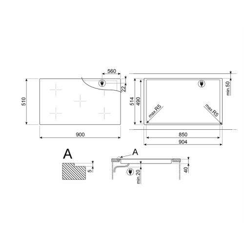 Встраиваемая варочная панель SMEG/ 90 см, ультранизкий профиль, Compact Slider, 5 зон, черный цвет