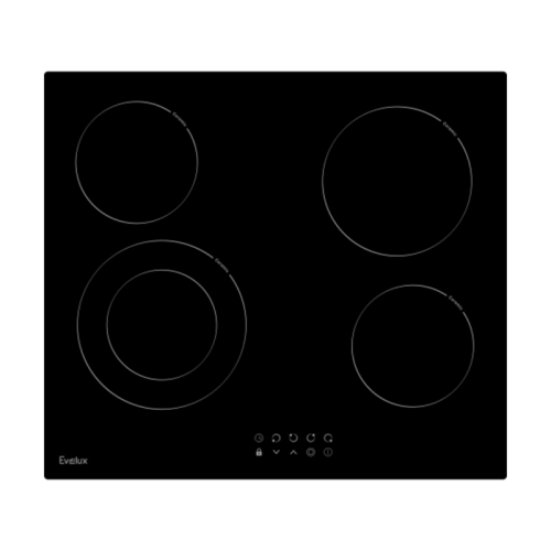 Варочная панель электрическая, стеклокерамика,  Hi Light, 60 см, 4 конфорки, сенсорное управление, 9 уровней мощности, таймер 1-99 мин, блокировка управления, защитное отключение,   двухконтурная, 6400 Вт, черное стекло, 590х520х50 мм.