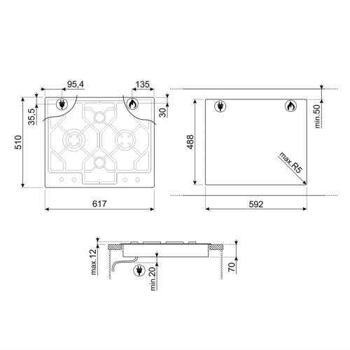 Встраиваемые газовые панели SMEG/ Газ,  Газовая варочная панель, 62 см,нержавеющая сталь/ фурнитура Linea и Classica в комплекте