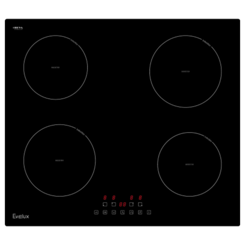 Индукционная варочная панель EVELUX, Hi-Tech, 4 конфорки, бустер, дисплей для каждой зоны нагрева, таймер, защитное отключение, индикация остаточного тепла, поддержание тепла, пауза, 9 уровней мощности, сенсорное управление, цвет черный