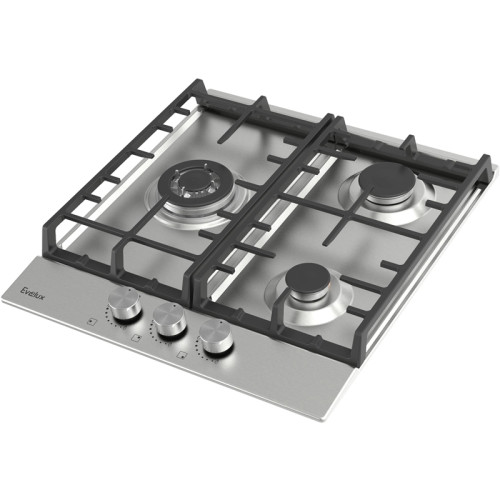 Варочная панель газовая, 45 см, 3 конфорки: экономичная конфорка (0,9 кВт), стандартная конфорка (1,7 кВт),  ВОК конфорка (2,5 кВт), газ-контроль, электроподжиг, нержавеющая сталь, чугунные