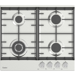 Варочная панель газовая, 60 см, 4 конфорки: экономичная конфорка (0,9 кВт), 2 стандартных конфорки (2х1,7 кВт), ВОК конфорка (2,5 кВт), газ-контроль, электроподжиг, нержавеющая сталь, чугунные решетки, поворотные переключатели, комплект форсунок-переходни