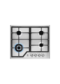 Встраиваемые газовые панели ELECTROLUX/ Газовая варочная поверхность -нержавеющая сталь, мощность: 8550 Вт, WOK-конфорка, автоматический электроподжиг, газ-контроль, решетки: чугун, независимая установка, размеры (ШхГ): 59.5x51 см