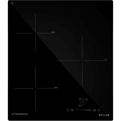 Встраиваемая варочная панель/ Индукционная варочная панель MAUNFELD, 45 см, 3 конфорки, мощность конфорок 1500, 2100, 2600 Вт, сенсорное управление, таймер, автоматическое выключение, бустер, блокировка панели, черный цвет