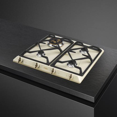 Встраиваемые газовые панели SMEG/ Газ,  Coloniale,газовая варочная панель, 60 см, кремовый/ фурнитура латунь