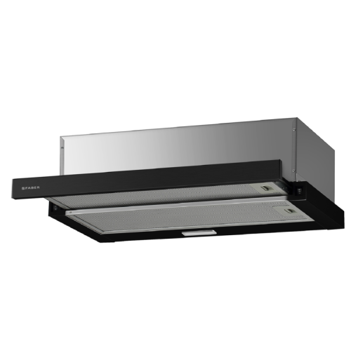 Встраиваемая в шкаф вытяжка Faber/ BETTER, AMPIRA GLASS BK 90, телескопическая, 89.5 см, 400 м3/ч, кнопочное управление, LED освещение, цвет: черный, фронтальная планка черное стекло