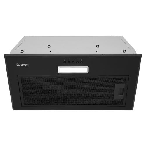 Встраиваемая вытяжка EVELUX, High-Tech, 60 см, 3 скорости, макс. Производительность 750 м3/ч, обратный клапан, LED подсветка, механическое управление, угольный фильтр ECFA 2122, цвет черный