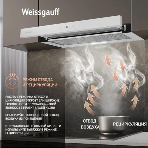 Вытяжка встраиваемая/ Вытяжка встраиваемая Weissgauff TEL 600 TC WH белый управление: сенсорное (1 мотор)